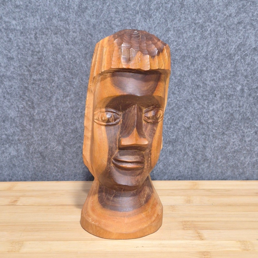 Vintage 60s Hand-Carved Wooden Head Bust MCM Tiki Tribal Folk Collectible